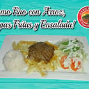 Foto de Lomo Fino con Arroz, Papas Fritas y Ensalada mixta 