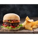 Foto de Hamburguesa de cordero, queso provolone, morrones asados y lechuga.