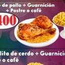 Foto de menu de 1/4 de pollo con guarnición y postre