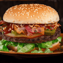 Foto de Completa: burger, queso emmental. lechuga, tomate, cebolla y pepinillo