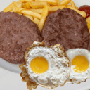 Foto de 2 hamburguesas, huevo y patatas fritas