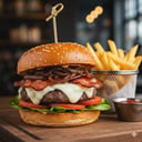 Foto de Hamburguesa con cebolla caramelizada con papa frita