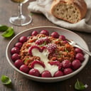 Foto de Ñoquis de remolacha relleno con queso acompañado de salsa bologñesa