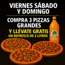 Foto de De viernes a domingo pide 3 pizzas grandes y llévate gratis un refresco o 2 barrilitos! Menciona la promoción al hacer tú pedido