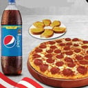 Foto de pizza + gaseosa + pan al ajo simple